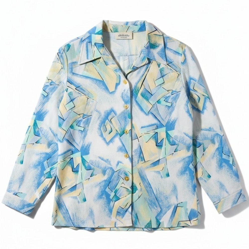 Gingham Girl Abstract Geometric Print Button Up Blouse, Blue Yellow,‎ Women's 18